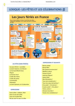 Carolina García Mora- Le Baobab Bleu® lebaobabbleu.com
2
EXPRESSIONS
LEXIQUE- LES FÊTES ET LES CÉLEBRATIONS 
Les jours fériés ≠ ouvrables
La Saint-Valentin, le 14 février
Le Carnaval (Mardi Gras)
Pâques
Le Premier Avril
La fête des mères
La fête des pères
La Pentecôte
Halloween
La Saint-Sylvestre, le 31 décembre
Bonne année!
Bonne fête!
Bon (joyeux) anniversaire!
Meilleurs vœux!
Poisson d’avril!
Joyeuses Pâques!
Joyeux Noël
Mes félicitations !
Tous mes compliments !
Tous mes vœux de bonheur !
À ta santé ! = À la tienne !
À votre santé ! = À la vôtre !
Tchinn, tchinn !
Amusez-vous bien !
Toutes mes condoléances !
LES FÊTES (NON FÉRIÉES)
EXPRESSIONS ET SOUHAITS
Faire la fête = célébrer, fêter
Avoir le sens de la fête
Jouer les trouble-fête
Ne pas avoir le cœur à la fête
Le Premier Avril
 