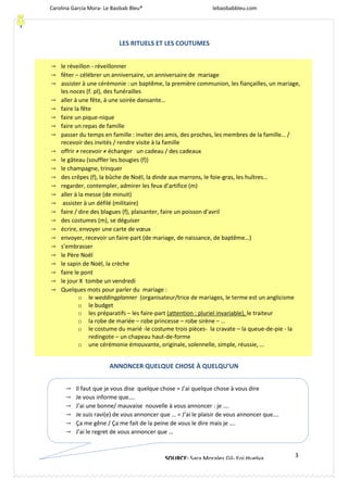 Carolina García Mora- Le Baobab Bleu® lebaobabbleu.com
3
ANNONCER QUELQUE CHOSE À QUELQU’UN
→ le réveillon - réveillonner
→ fêter – célébrer un anniversaire, un anniversaire de mariage
→ assister à une cérémonie : un baptême, la première communion, les fiançailles, un mariage,
les noces (f. pl), des funérailles
→ aller à une fête, à une soirée dansante…
→ faire la fête
→ faire un pique-nique
→ faire un repas de famille
→ passer du temps en famille : inviter des amis, des proches, les membres de la famille… /
recevoir des invités / rendre visite à la famille
→ offrir ≠ recevoir ≠ échanger un cadeau / des cadeaux
→ le gâteau (souffler les bougies (f))
→ le champagne, trinquer
→ des crêpes (f), la bûche de Noël, la dinde aux marrons, le foie-gras, les huîtres…
→ regarder, contempler, admirer les feux d’artifice (m)
→ aller à la messe (de minuit)
→ assister à un défilé (militaire)
→ faire / dire des blagues (f), plaisanter, faire un poisson d’avril
→ des costumes (m), se déguiser
→ écrire, envoyer une carte de vœux
→ envoyer, recevoir un faire-part (de mariage, de naissance, de baptême…)
→ s’embrasser
→ le Père Noël
→ le sapin de Noël, la crèche
→ faire le pont
→ le jour X tombe un vendredi
→ Quelques mots pour parler du mariage :
o le weddingplanner (organisateur/trice de mariages, le terme est un anglicisme
o le budget
o les préparatifs – les faire-part (attention : pluriel invariable), le traiteur
o la robe de mariée – robe princesse – robe sirène – …
o le costume du marié -le costume trois pièces- la cravate – la queue-de-pie - la
redingote – un chapeau haut-de-forme
o une cérémonie émouvante, originale, solennelle, simple, réussie, …
LES RITUELS ET LES COUTUMES
→ Il faut que je vous dise quelque chose = J’ai quelque chose à vous dire
→ Je vous informe que….
→ J’ai une bonne/ mauvaise nouvelle à vous annoncer : je ….
→ Je suis ravi(e) de vous annoncer que … = J’ai le plaisir de vous annoncer que….
→ Ça me gêne / Ça me fait de la peine de vous le dire mais je ….
→ J’ai le regret de vous annoncer que …
SOURCE: Sara Morales Gil- Eoi Huelva
 