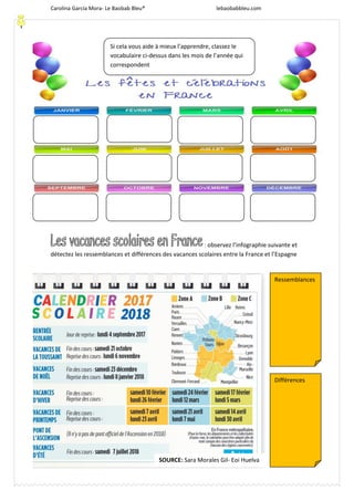 Carolina García Mora- Le Baobab Bleu® lebaobabbleu.com
4
: observez l’infographie suivante et
détectez les ressemblances et différences des vacances scolaires entre la France et l’Espagne
Si cela vous aide à mieux l’apprendre, classez le
vocabulaire ci-dessus dans les mois de l’année qui
correspondent
Ressemblances
Différences
SOURCE: Sara Morales Gil- Eoi Huelva
 