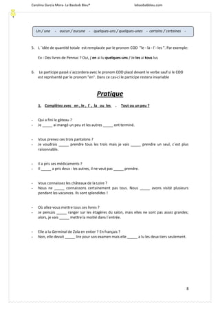 Carolina García Mora- Le Baobab Bleu® lebaobabbleu.com
8
5. L ´idée de quantité totale est remplacée par le pronom COD "le - la - l´- les ". Par exemple:
Ex : Des livres de Pennac ? Oui, j´en ai lu quelques-uns / Je les ai tous lus
6. Le participe passé s´accordera avec le pronom COD placé devant le verbe sauf si le COD
est représenté par le pronom "en". Dans ce cas-ci le participe restera invariable
Pratique
1. Complétez avec en , le , l´ , la ou les . Tout ou un peu ?
- Qui a fini le gâteau ?
- Je _____ ai mangé un peu et les autres _____ ont terminé.
- Vous prenez ces trois pantalons ?
- Je voudrais _____ prendre tous les trois mais je vais _____ prendre un seul, c´est plus
raisonnable.
- Il a pris ses médicaments ?
- Il _____ a pris deux : les autres, il ne veut pas _____ prendre.
- Vous connaissez les châteaux de la Loire ?
- Nous ne _____ connaissons certainement pas tous. Nous _____ avons visité plusieurs
pendant les vacances. Ils sont splendides !
- Où allez-vous mettre tous ces livres ?
- Je pensais _____ ranger sur les étagères du salon, mais elles ne sont pas assez grandes;
alors, je vais _____ mettre la moitié dans l´entrée.
- Elle a lu Germinal de Zola en entier ? En français ?
- Non, elle devait _____ lire pour son examen mais elle _____ a lu les deux tiers seulement.
Un / une - aucun / aucune - quelques-uns / quelques-unes - certains / certaines -
plusieurs
 