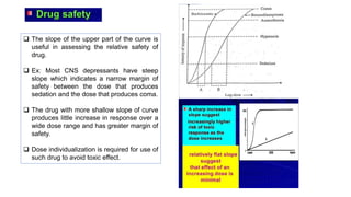 ❑ The slope of the upper part of the curve is
useful in assessing the relative safety of
drug.
❑ Ex: Most CNS depressants have steep
slope which indicates a narrow margin of
safety between the dose that produces
sedation and the dose that produces coma.
❑ The drug with more shallow slope of curve
produces little increase in response over a
wide dose range and has greater margin of
safety.
❑ Dose individualization is required for use of
such drug to avoid toxic effect.
 