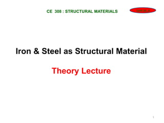 1
CE 308 : STRUCTURAL MATERIALS Unit 10_A
Iron & Steel as Structural Material
Theory Lecture
 