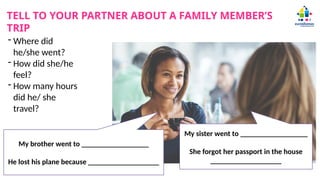TELL TO YOUR PARTNER ABOUT A FAMILY MEMBER’S
TRIP
- Where did
he/she went?
- How did she/he
feel?
- How many hours
did he/ she
travel?
My brother went to __________________
He lost his plane because ___________________
My sister went to __________________
She forgot her passport in the house
___________________
 