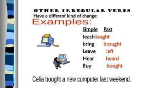 other irregular verbs
Have a different kind of change:
Simple Past
teachtaught
bring brought
Leave left
Hear heard
Buy bought
 