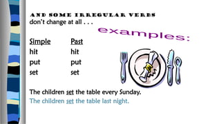 And some irregular verbs
don’t change at all . . .
Simple Past
hit hit
put put
set set
The children set the table every Sunday.
The children set the table last night.
 
