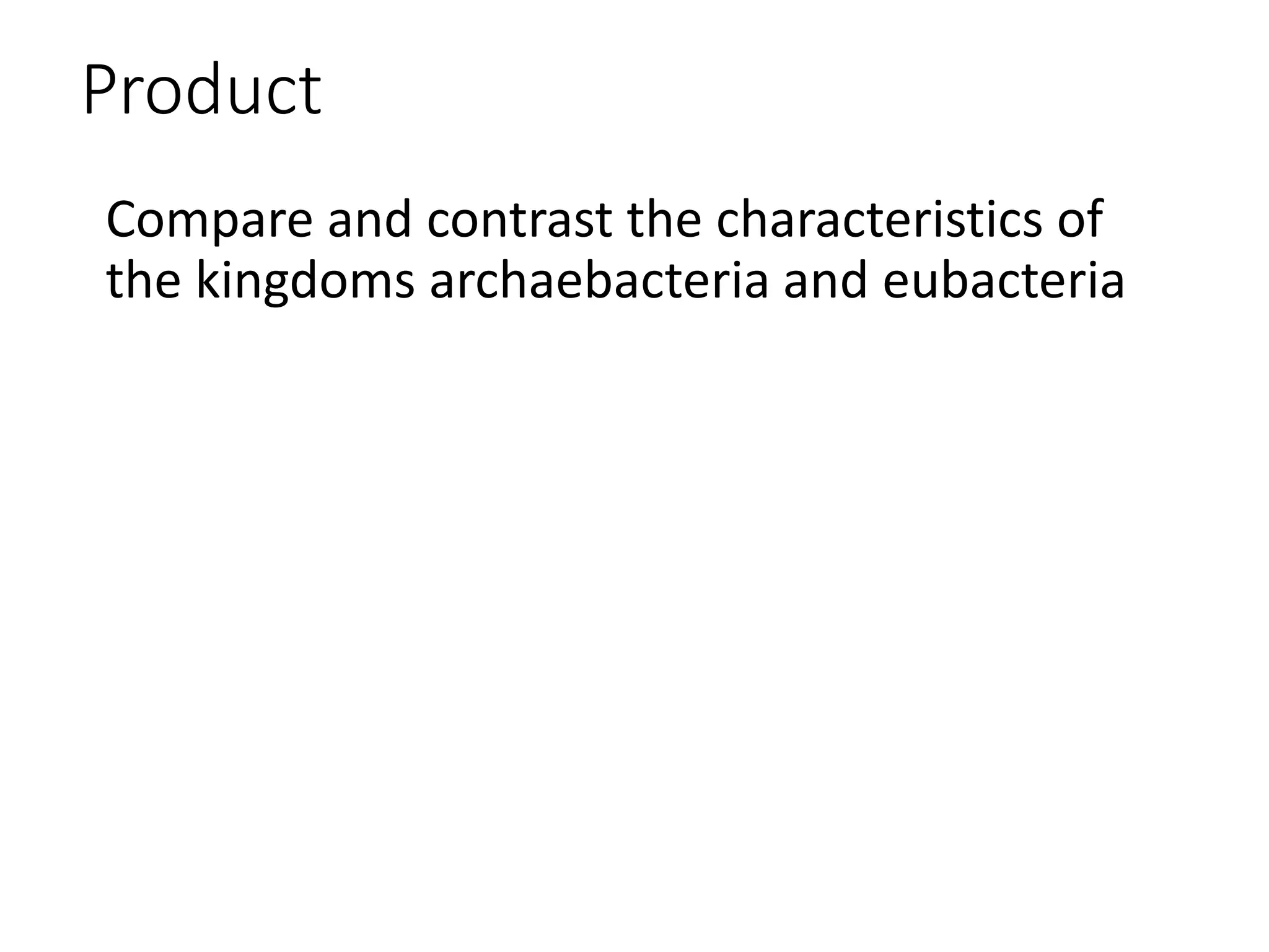 Product
Compare and contrast the characteristics of
the kingdoms archaebacteria and eubacteria
 