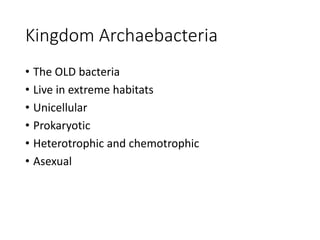 Kingdom Archaebacteria
• The OLD bacteria
• Live in extreme habitats
• Unicellular
• Prokaryotic
• Heterotrophic and chemotrophic
• Asexual
 