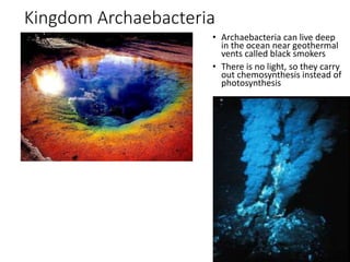 Kingdom Archaebacteria
• Archaebacteria can live deep
in the ocean near geothermal
vents called black smokers
• There is no light, so they carry
out chemosynthesis instead of
photosynthesis
 