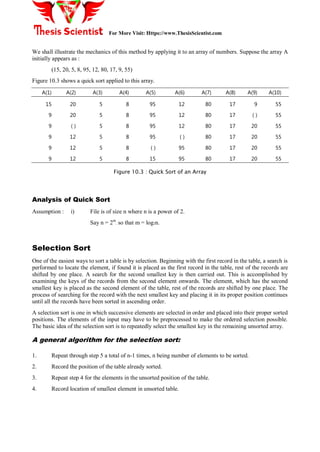 For More Visit: Https://www.ThesisScientist.com
We shall illustrate the mechanics of this method by applying it to an array of numbers. Suppose the array A
initially appears as :
(15, 20, 5, 8, 95, 12, 80, 17, 9, 55)
Figure 10.3 shows a quick sort applied to this array.
A(1) A(2) A(3) A(4) A(5) A(6) A(7) A(8) A(9) A(10)
15 20 5 8 95 12 80 17 9 55
9 20 5 8 95 12 80 17 ( ) 55
9 ( ) 5 8 95 12 80 17 20 55
9 12 5 8 95 ( ) 80 17 20 55
9 12 5 8 ( ) 95 80 17 20 55
9 12 5 8 15 95 80 17 20 55
Figure 10.3 : Quick Sort of an Array
Analysis of Quick Sort
Assumption : i) File is of size n where n is a power of 2.
Say n = 2m
, so that m = log2n.
Selection Sort
One of the easiest ways to sort a table is by selection. Beginning with the first record in the table, a search is
performed to locate the element, if found it is placed as the first record in the table, rest of the records are
shifted by one place. A search for the second smallest key is then carried out. This is accomplished by
examining the keys of the records from the second element onwards. The element, which has the second
smallest key is placed as the second element of the table, rest of the records are shifted by one place. The
process of searching for the record with the next smallest key and placing it in its proper position continues
until all the records have been sorted in ascending order.
A selection sort is one in which successive elements are selected in order and placed into their proper sorted
positions. The elements of the input may have to be preprocessed to make the ordered selection possible.
The basic idea of the selection sort is to repeatedly select the smallest key in the remaining unsorted array.
A general algorithm for the selection sort:
1. Repeat through step 5 a total of n-1 times, n being number of elements to be sorted.
2. Record the position of the table already sorted.
3. Repeat step 4 for the elements in the unsorted position of the table.
4. Record location of smallest element in unsorted table.
 