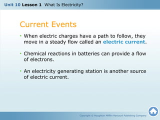 Unit 10 Lesson 1 What Is Electricity? 
Current Events 
• When electric charges have a path to follow, they 
move in a steady flow called an electric current. 
• Chemical reactions in batteries can provide a flow 
of electrons. 
• An electricity generating station is another source 
of electric current. 
Copyright © Houghton Mifflin Harcourt Publishing Company 
 
