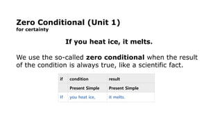 if condition result
Present Simple Present Simple
If you heat ice, it melts.
Zero Conditional (Unit 1)
for certainty
If you heat ice, it melts.
We use the so-called zero conditional when the result
of the condition is always true, like a scientific fact.
 