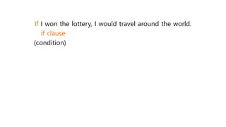 If I won the lottery, I would travel around the world.
if clause
(condition)
 
