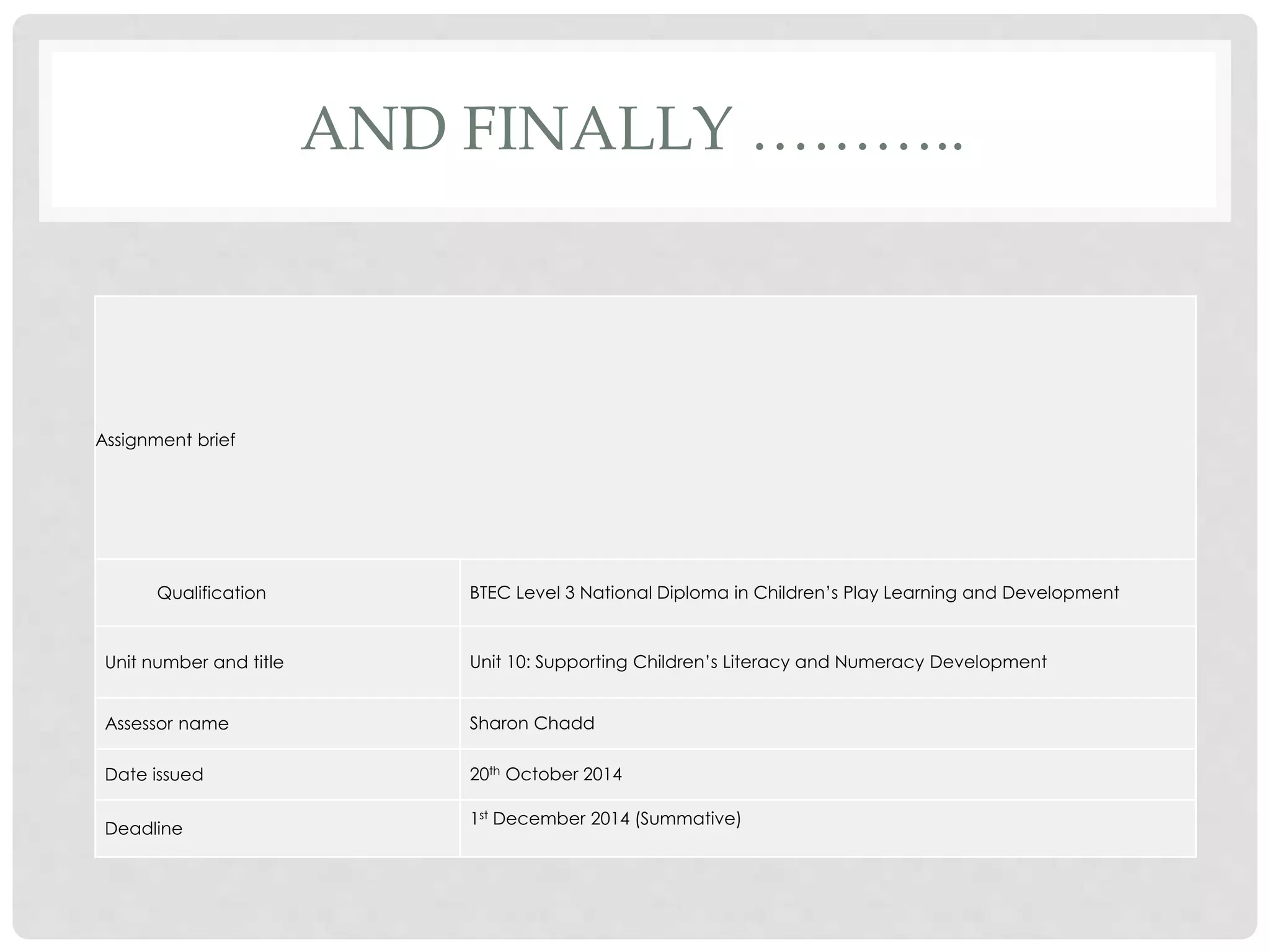 AND FINALLY ……….. 
Assignment brief 
Qualification BTEC Level 3 National Diploma in Children’s Play Learning and Development 
Unit number and title Unit 10: Supporting Children’s Literacy and Numeracy Development 
Assessor name Sharon Chadd 
Date issued 20th October 2014 
Deadline 
1st December 2014 (Summative) 
 
