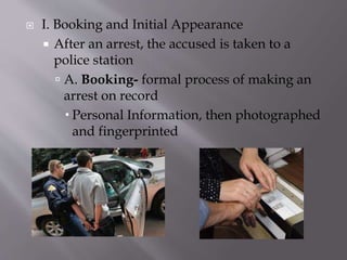  I. Booking and Initial Appearance
 After an arrest, the accused is taken to a
police station
 A. Booking- formal process of making an
arrest on record
 Personal Information, then photographed
and fingerprinted
 