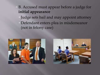  B. Accused must appear before a judge for
initial appearance
 Judge sets bail and may appoint attorney
 Defendant enters plea in misdemeanor
(not in felony case)
 