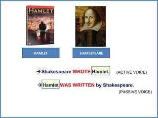HAMLET          SHAKESPEARE



 Shakespeare WROTE Hamlet.   (ACTIVE VOICE)


 Hamlet WAS WRITTEN by Shakespeare.
                               (PASSIVE VOICE)
 