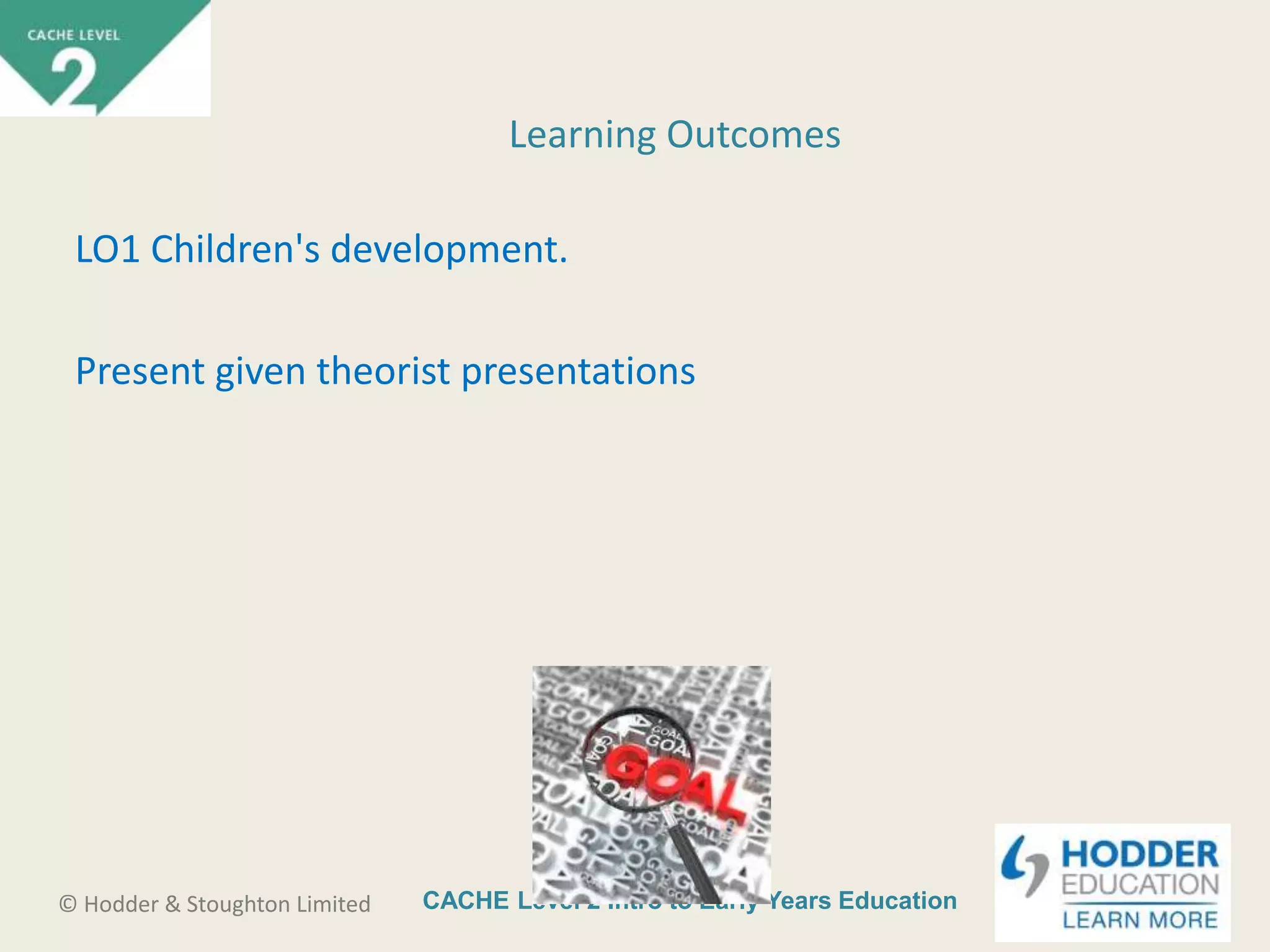 CACHE Level 2 Intro to Early Years Education© Hodder & Stoughton Limited
LO1 Children's development.
Present given theorist presentations
Learning Outcomes
 