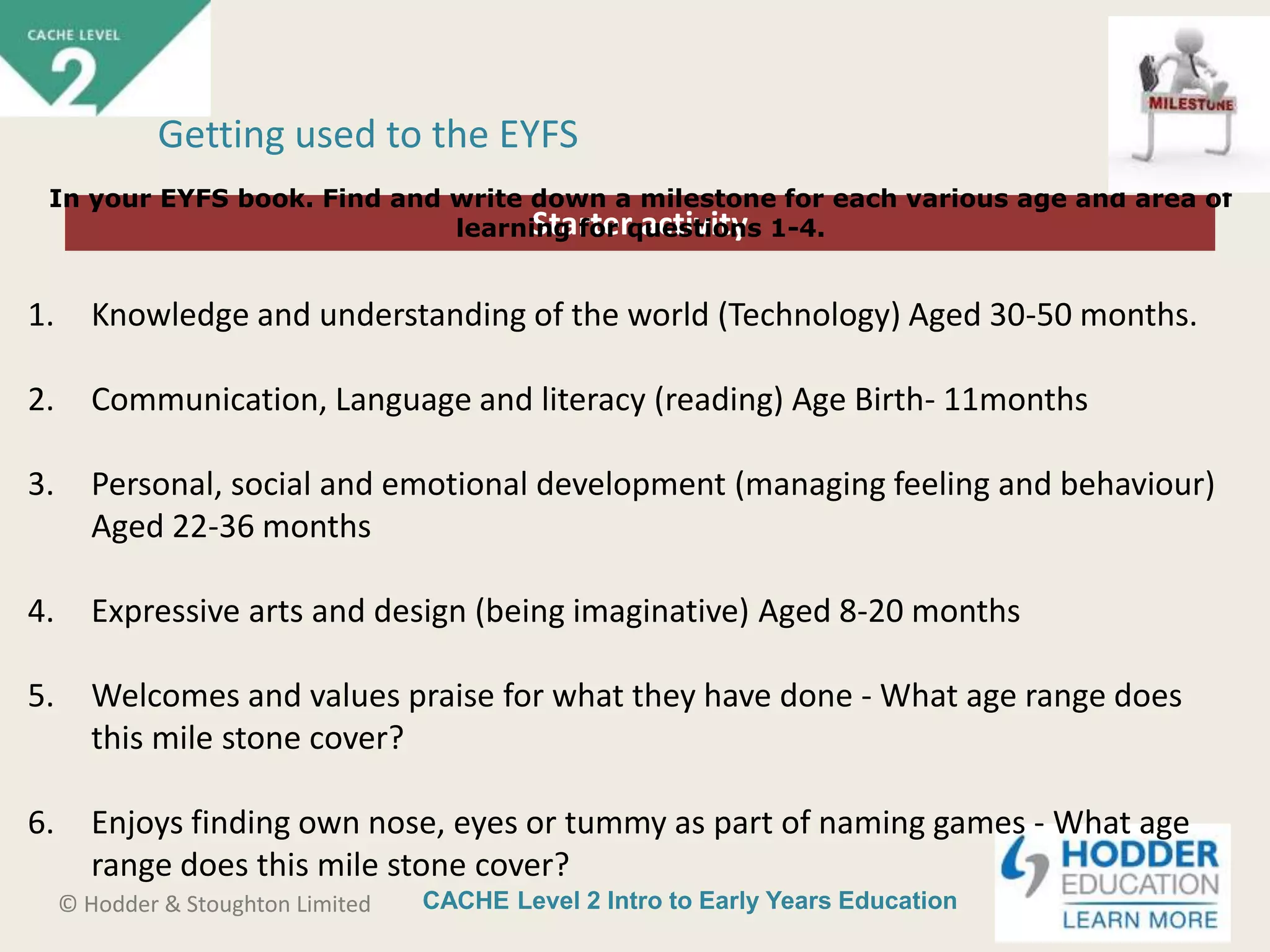 CACHE Level 2 Intro to Early Years Education© Hodder & Stoughton Limited
Starter activity
Getting used to the EYFS
In your EYFS book. Find and write down a milestone for each various age and area of
learning for questions 1-4.
1. Knowledge and understanding of the world (Technology) Aged 30-50 months.
2. Communication, Language and literacy (reading) Age Birth- 11months
3. Personal, social and emotional development (managing feeling and behaviour)
Aged 22-36 months
4. Expressive arts and design (being imaginative) Aged 8-20 months
5. Welcomes and values praise for what they have done - What age range does
this mile stone cover?
6. Enjoys finding own nose, eyes or tummy as part of naming games - What age
range does this mile stone cover?
 