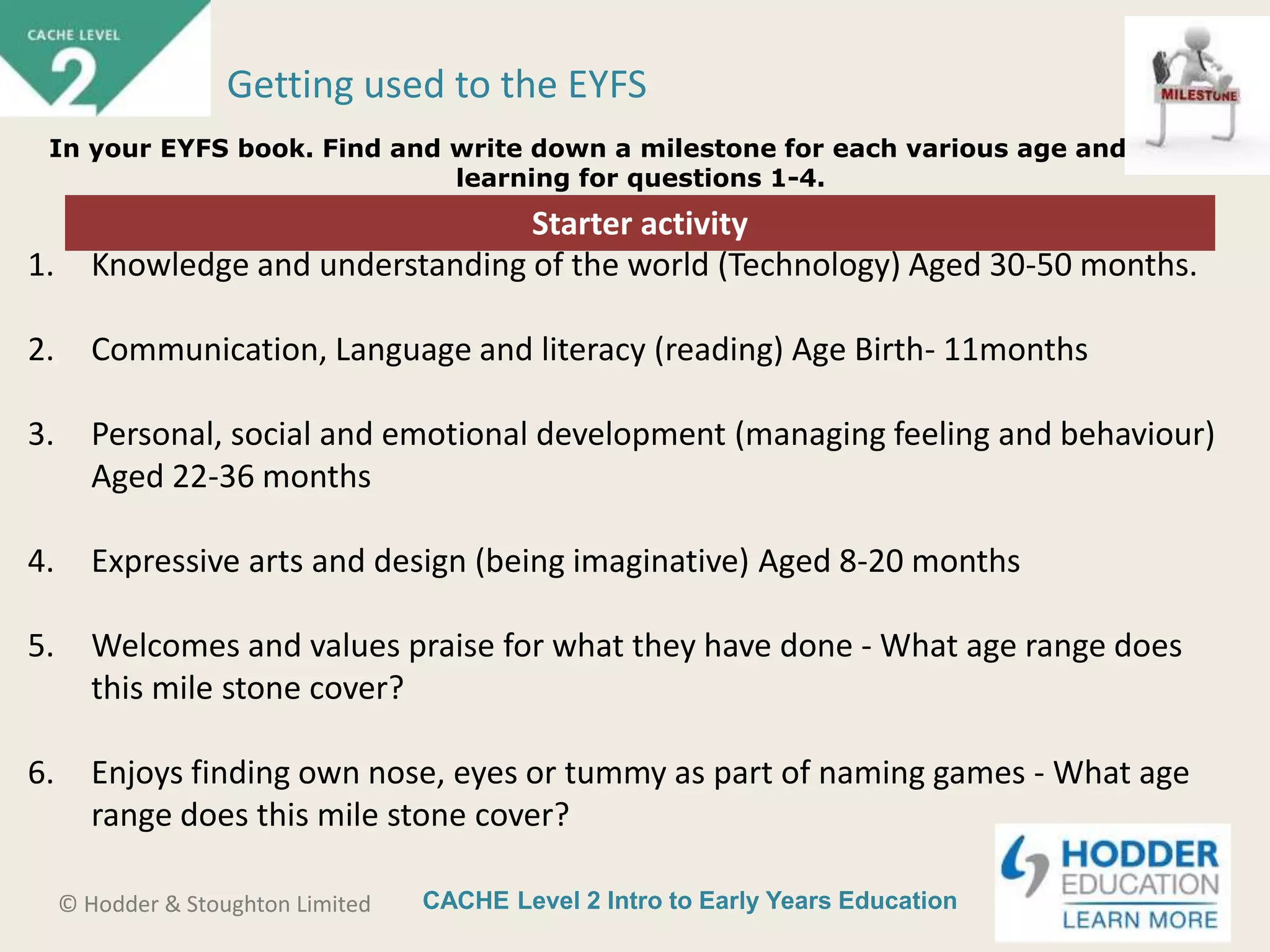 CACHE Level 2 Intro to Early Years Education© Hodder & Stoughton Limited
Starter activity
Getting used to the EYFS
In your EYFS book. Find and write down a milestone for each various age and area of
learning for questions 1-4.
1. Knowledge and understanding of the world (Technology) Aged 30-50 months.
2. Communication, Language and literacy (reading) Age Birth- 11months
3. Personal, social and emotional development (managing feeling and behaviour)
Aged 22-36 months
4. Expressive arts and design (being imaginative) Aged 8-20 months
5. Welcomes and values praise for what they have done - What age range does
this mile stone cover?
6. Enjoys finding own nose, eyes or tummy as part of naming games - What age
range does this mile stone cover?
 