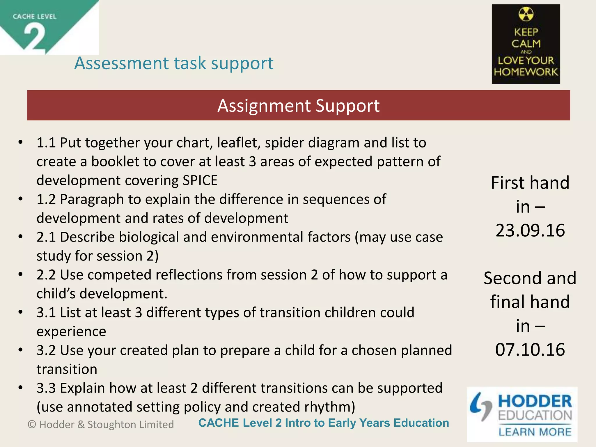 CACHE Level 2 Intro to Early Years Education© Hodder & Stoughton Limited
Starter activity
Assessment task support
First hand
in –
23.09.16
Second and
final hand
in –
07.10.16
Assignment Support
• 1.1 Put together your chart, leaflet, spider diagram and list to
create a booklet to cover at least 3 areas of expected pattern of
development covering SPICE
• 1.2 Paragraph to explain the difference in sequences of
development and rates of development
• 2.1 Describe biological and environmental factors (may use case
study for session 2)
• 2.2 Use competed reflections from session 2 of how to support a
child’s development.
• 3.1 List at least 3 different types of transition children could
experience
• 3.2 Use your created plan to prepare a child for a chosen planned
transition
• 3.3 Explain how at least 2 different transitions can be supported
(use annotated setting policy and created rhythm)
 