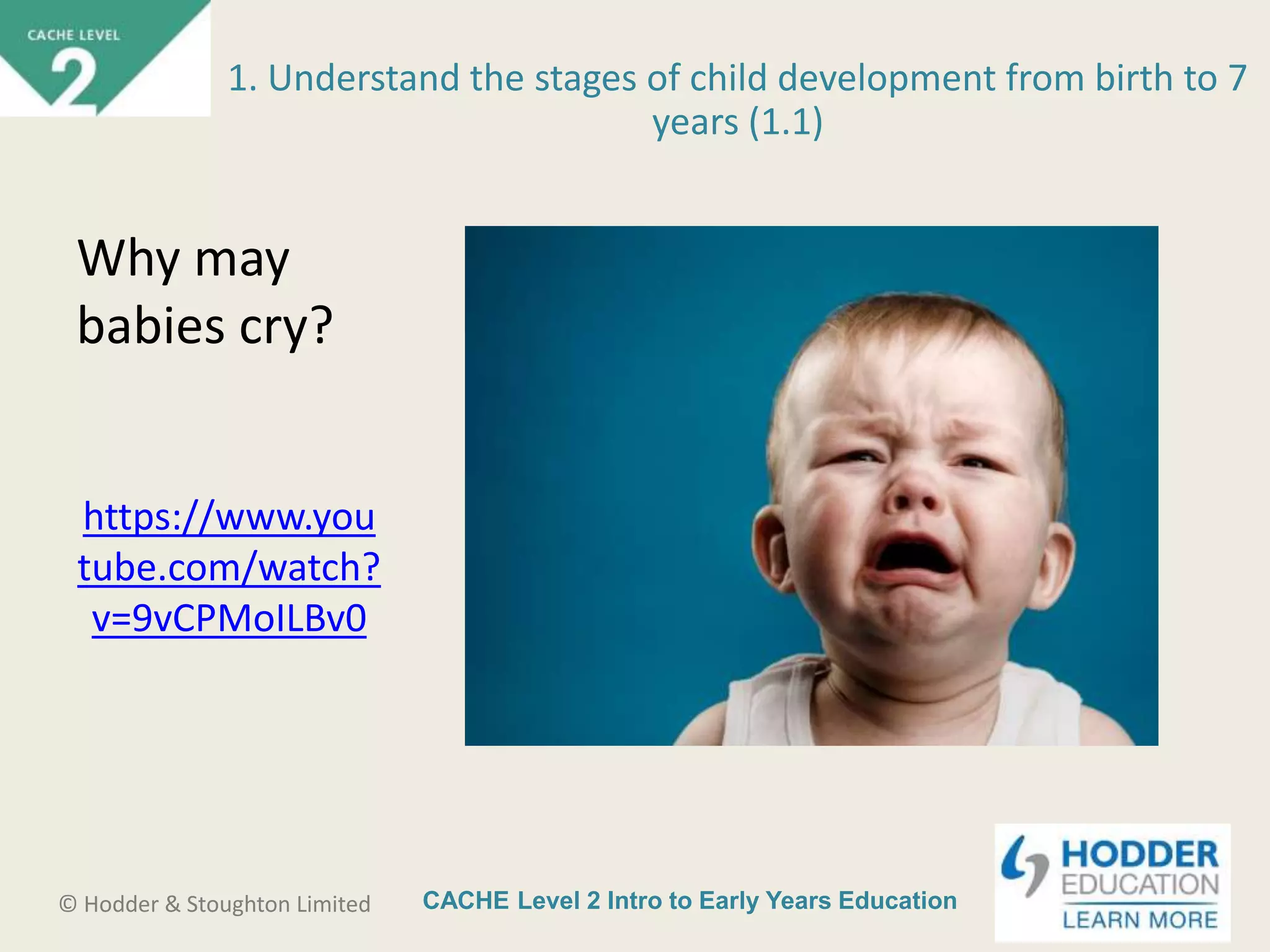 CACHE Level 2 Intro to Early Years Education© Hodder & Stoughton Limited
Why may
babies cry?
https://www.you
tube.com/watch?
v=9vCPMoILBv0
1. Understand the stages of child development from birth to 7
years (1.1)
 