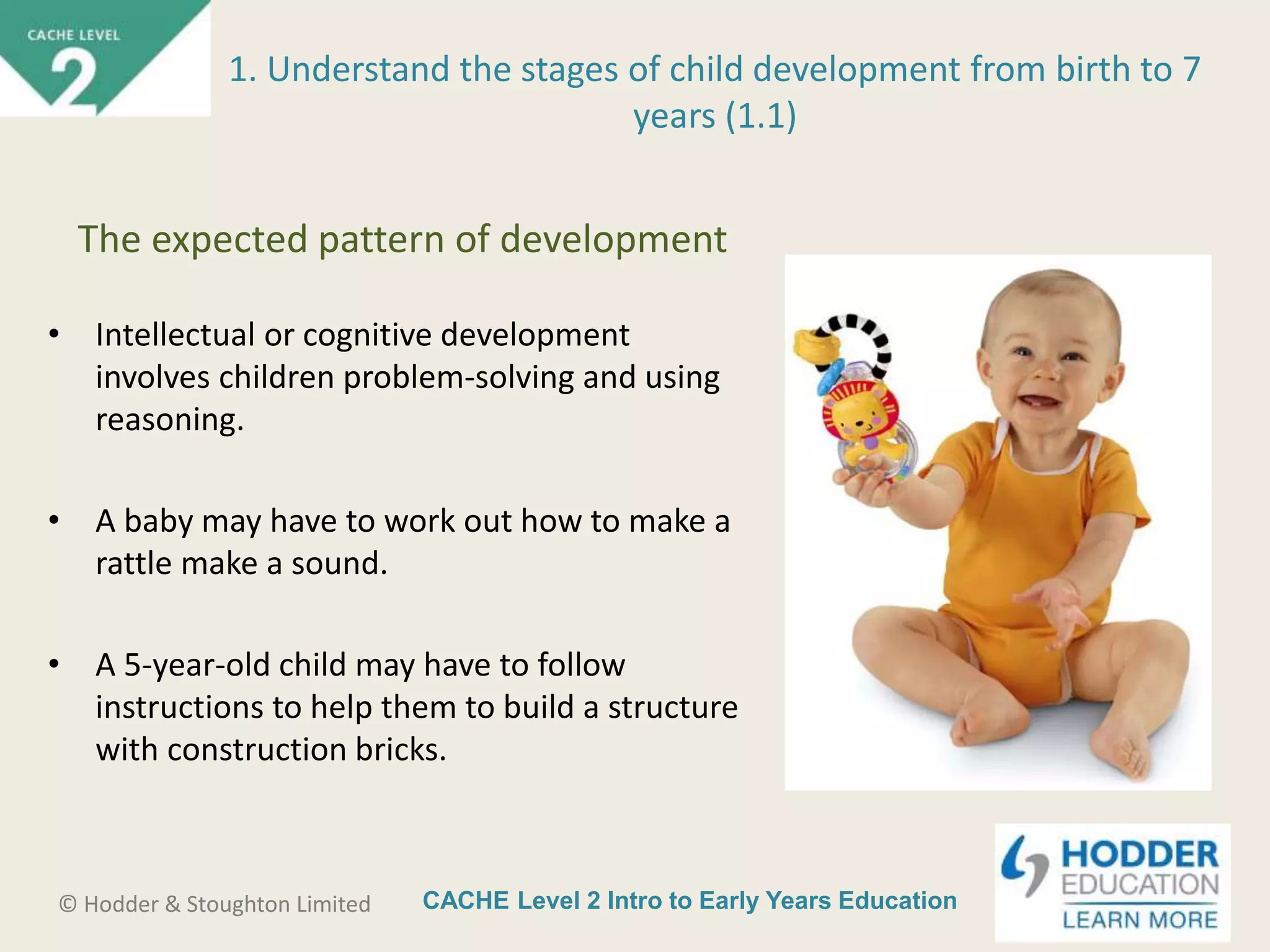 CACHE Level 2 Intro to Early Years Education© Hodder & Stoughton Limited
• Intellectual or cognitive development
involves children problem-solving and using
reasoning.
• A baby may have to work out how to make a
rattle make a sound.
• A 5-year-old child may have to follow
instructions to help them to build a structure
with construction bricks.
1. Understand the stages of child development from birth to 7
years (1.1)
The expected pattern of development
 