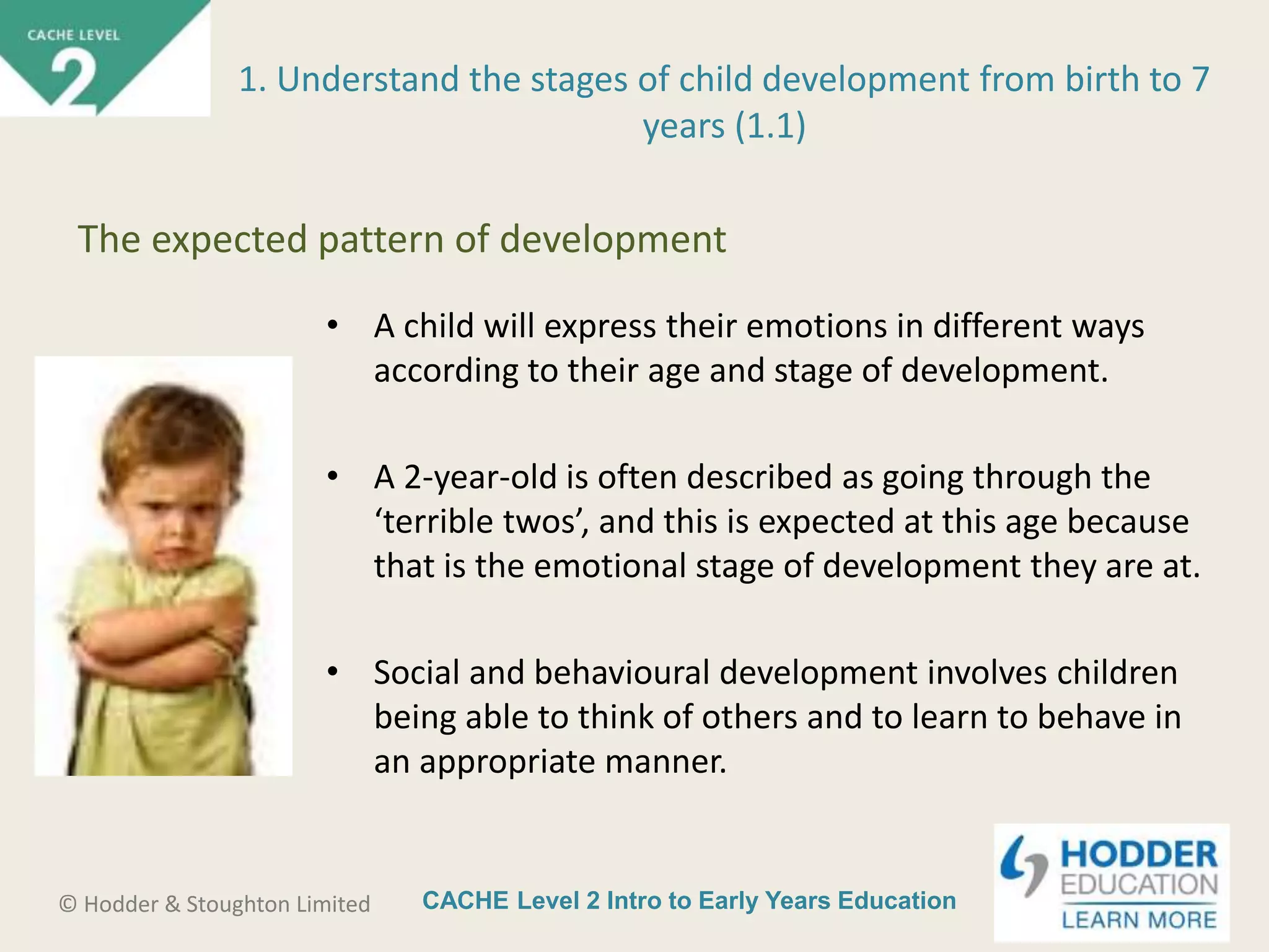 CACHE Level 2 Intro to Early Years Education© Hodder & Stoughton Limited
• A child will express their emotions in different ways
according to their age and stage of development.
• A 2-year-old is often described as going through the
‘terrible twos’, and this is expected at this age because
that is the emotional stage of development they are at.
• Social and behavioural development involves children
being able to think of others and to learn to behave in
an appropriate manner.
1. Understand the stages of child development from birth to 7
years (1.1)
The expected pattern of development
 