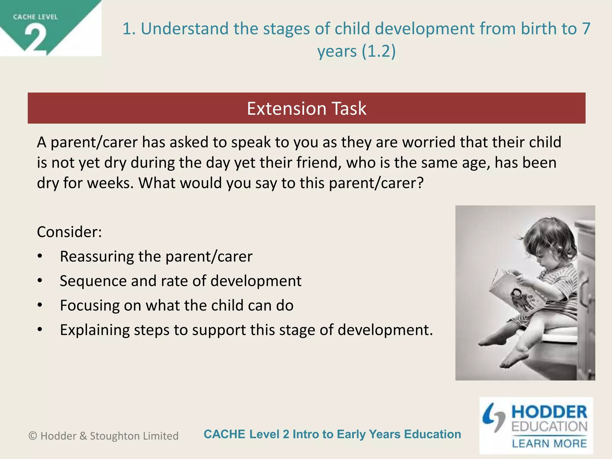 CACHE Level 2 Intro to Early Years Education© Hodder & Stoughton Limited
Extension activity
A parent/carer has asked to speak to you as they are worried that their child
is not yet dry during the day yet their friend, who is the same age, has been
dry for weeks. What would you say to this parent/carer?
Consider:
• Reassuring the parent/carer
• Sequence and rate of development
• Focusing on what the child can do
• Explaining steps to support this stage of development.
1. Understand the stages of child development from birth to 7
years (1.2)
Extension Task
 
