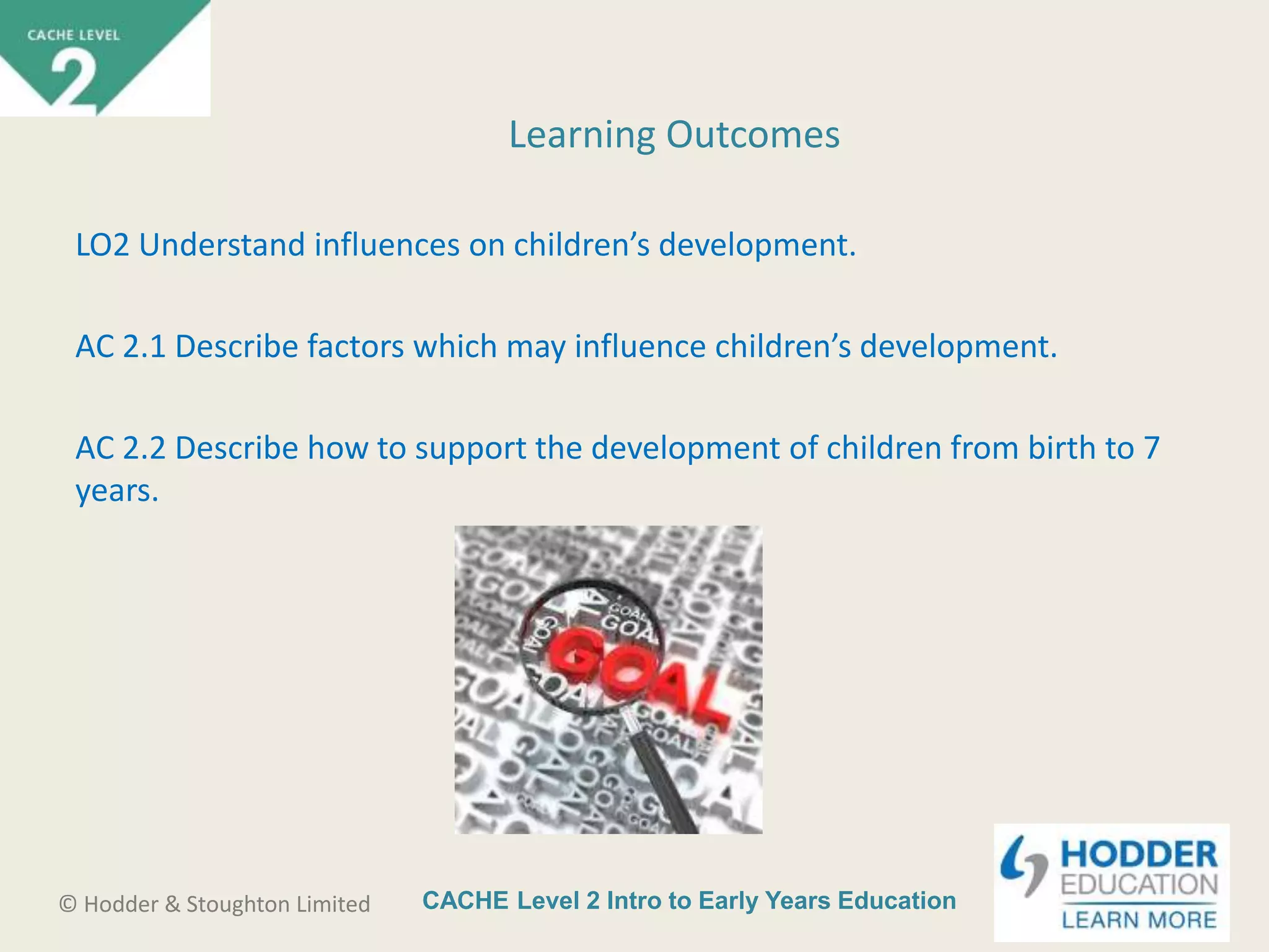 CACHE Level 2 Intro to Early Years Education© Hodder & Stoughton Limited
LO2 Understand influences on children’s development.
AC 2.1 Describe factors which may influence children’s development.
AC 2.2 Describe how to support the development of children from birth to 7
years.
Learning Outcomes
 