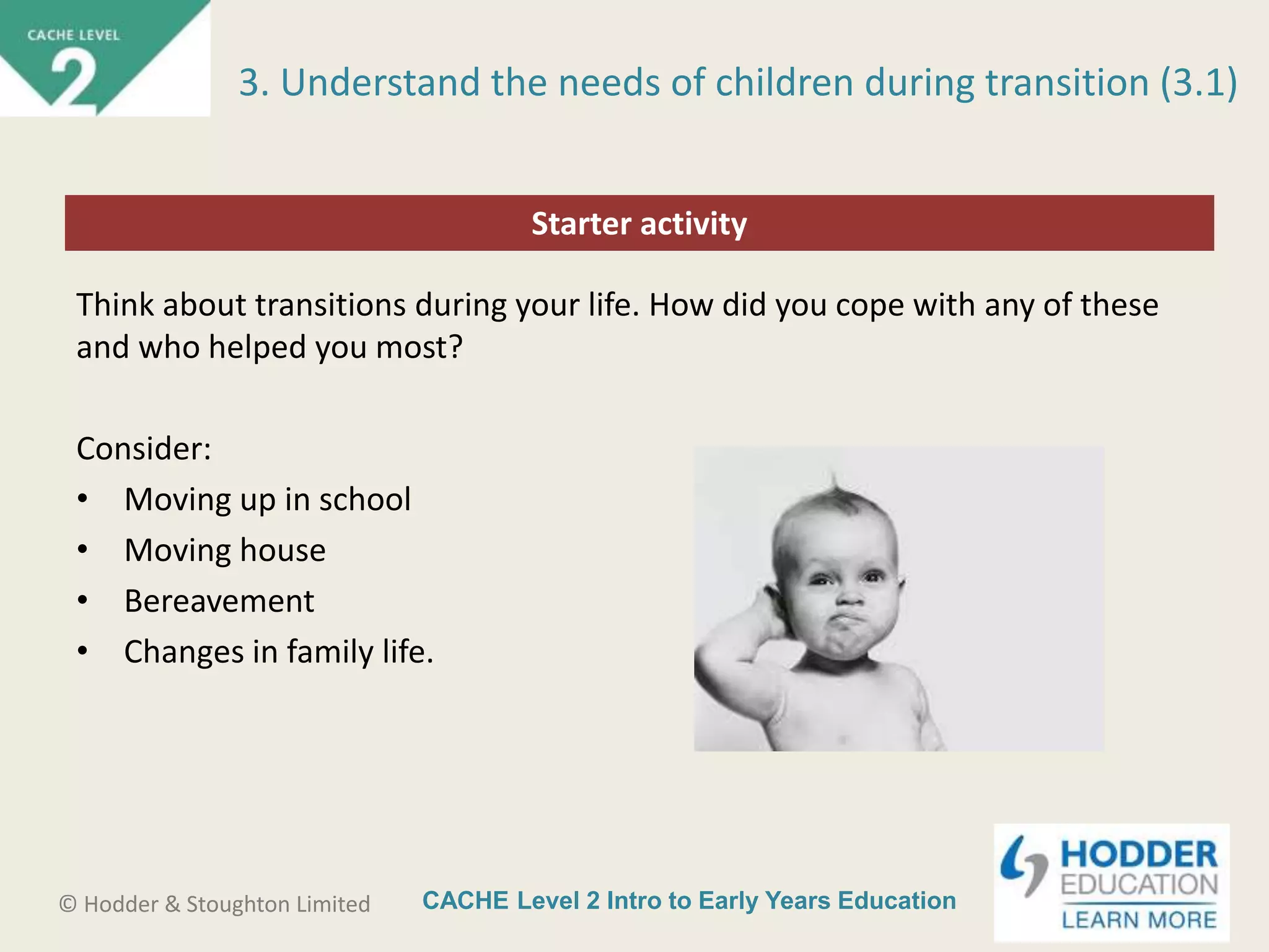 CACHE Level 2 Intro to Early Years Education© Hodder & Stoughton Limited
Starter activity
3. Understand the needs of children during transition (3.1)
Think about transitions during your life. How did you cope with any of these
and who helped you most?
Consider:
• Moving up in school
• Moving house
• Bereavement
• Changes in family life.
 