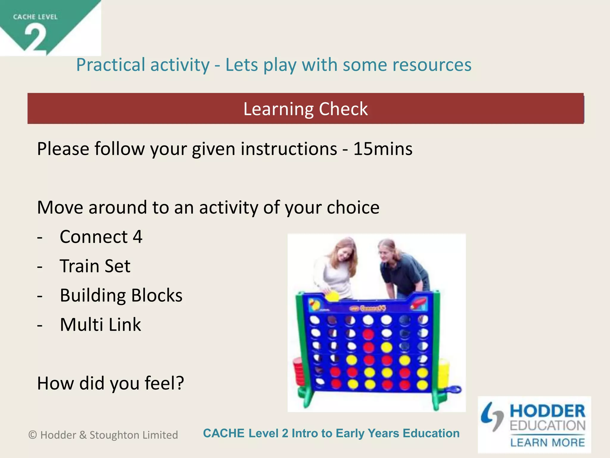CACHE Level 2 Intro to Early Years Education© Hodder & Stoughton Limited
Pairs activity
Please follow your given instructions - 15mins
Move around to an activity of your choice
- Connect 4
- Train Set
- Building Blocks
- Multi Link
How did you feel?
Practical activity - Lets play with some resources
Learning Check
 