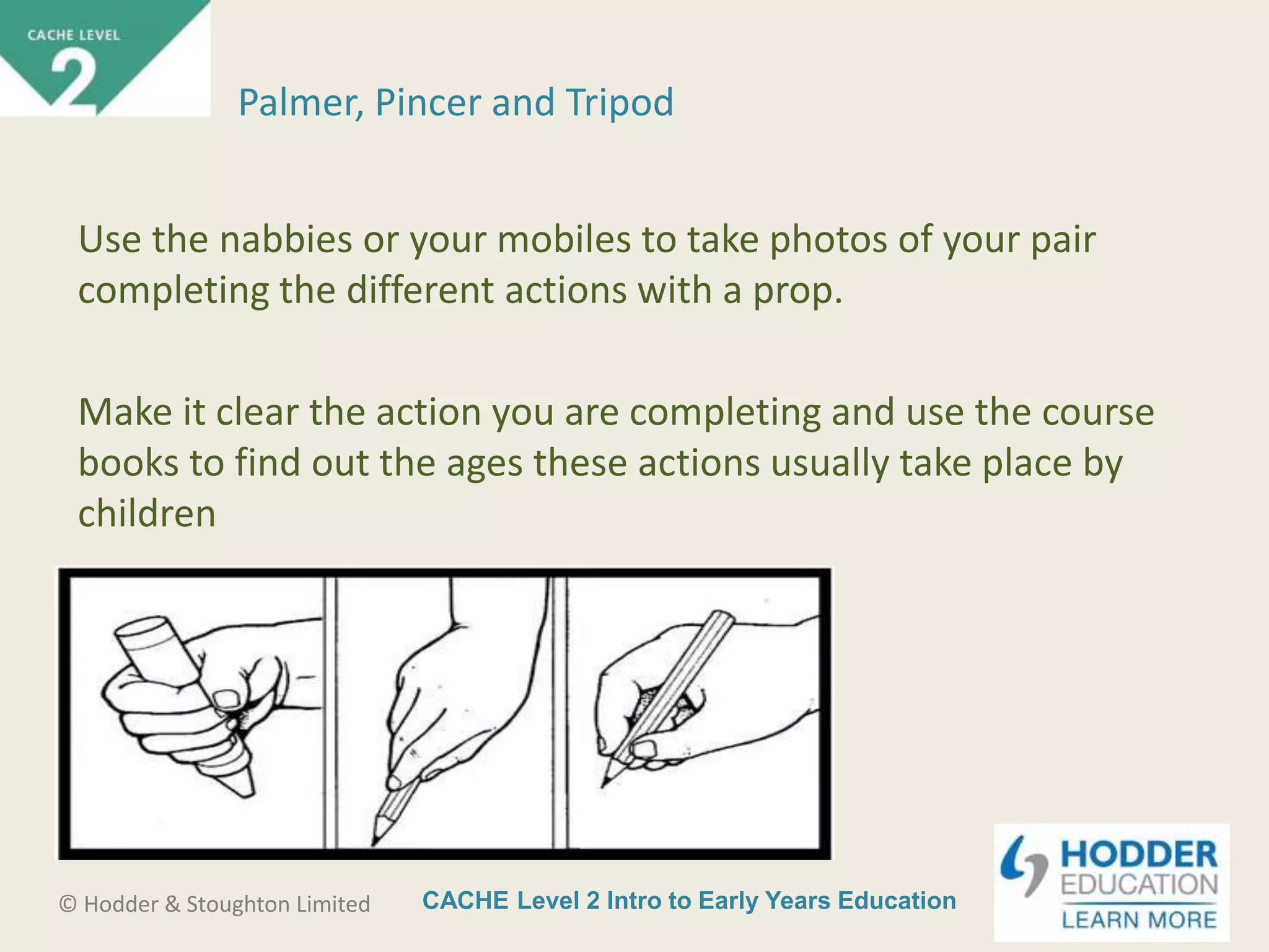 CACHE Level 2 Intro to Early Years Education© Hodder & Stoughton Limited
Palmer, Pincer and Tripod
Use the nabbies or your mobiles to take photos of your pair
completing the different actions with a prop.
Make it clear the action you are completing and use the course
books to find out the ages these actions usually take place by
children
 