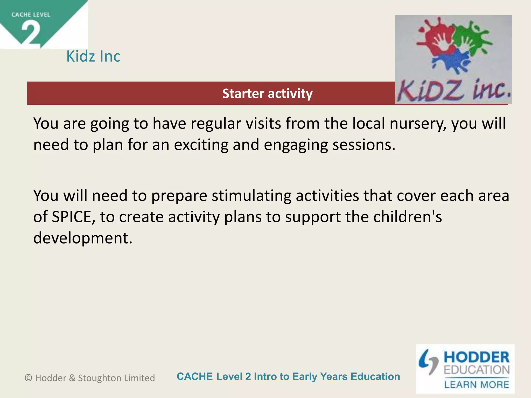 CACHE Level 2 Intro to Early Years Education© Hodder & Stoughton Limited
Starter activity
Kidz Inc
You are going to have regular visits from the local nursery, you will
need to plan for an exciting and engaging sessions.
You will need to prepare stimulating activities that cover each area
of SPICE, to create activity plans to support the children's
development.
 