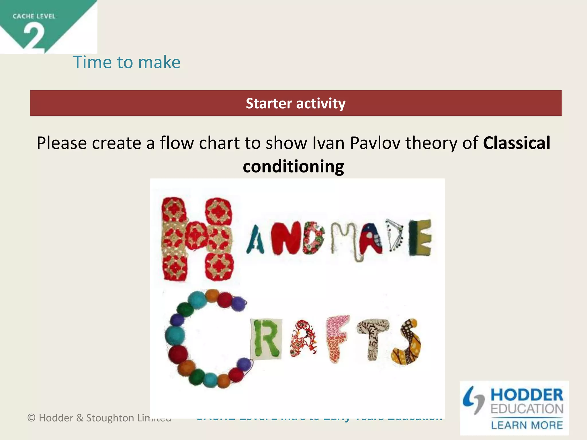CACHE Level 2 Intro to Early Years Education© Hodder & Stoughton Limited
Starter activity
Time to make
Please create a flow chart to show Ivan Pavlov theory of Classical
conditioning
 