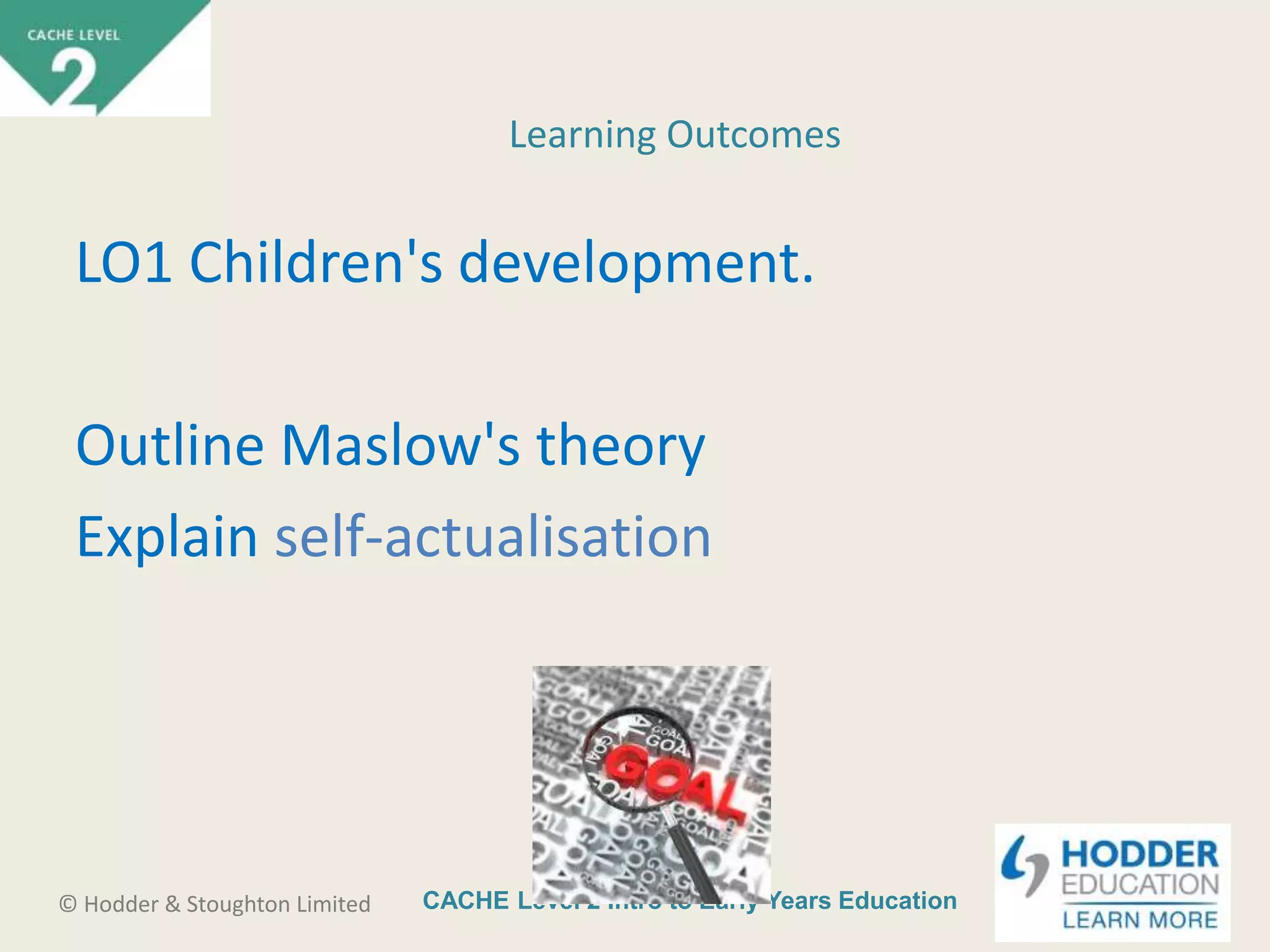 CACHE Level 2 Intro to Early Years Education© Hodder & Stoughton Limited
LO1 Children's development.
Outline Maslow's theory
Explain self-actualisation
Learning Outcomes
 