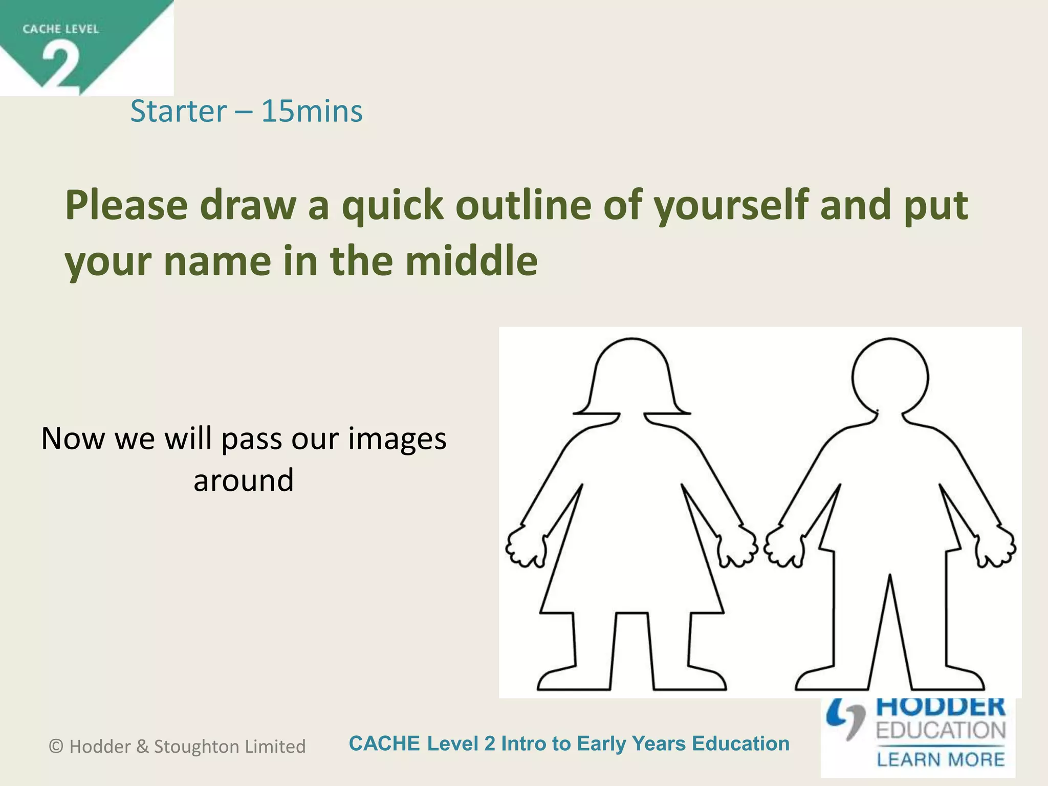 CACHE Level 2 Intro to Early Years Education© Hodder & Stoughton Limited
Now we will pass our images
around
Starter – 15mins
Please draw a quick outline of yourself and put
your name in the middle
 