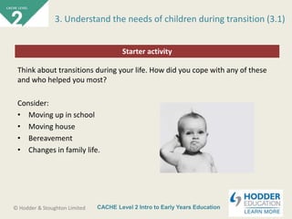 CACHE Level 2 Intro to Early Years Education© Hodder & Stoughton Limited
Starter activity
3. Understand the needs of children during transition (3.1)
Think about transitions during your life. How did you cope with any of these
and who helped you most?
Consider:
• Moving up in school
• Moving house
• Bereavement
• Changes in family life.
 
