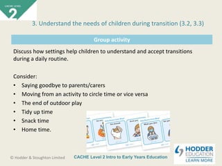 CACHE Level 2 Intro to Early Years Education© Hodder & Stoughton Limited
Group activity
Discuss how settings help children to understand and accept transitions
during a daily routine.
Consider:
• Saying goodbye to parents/carers
• Moving from an activity to circle time or vice versa
• The end of outdoor play
• Tidy up time
• Snack time
• Home time.
3. Understand the needs of children during transition (3.2, 3.3)
 