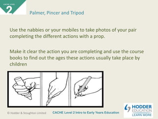 CACHE Level 2 Intro to Early Years Education© Hodder & Stoughton Limited
Palmer, Pincer and Tripod
Use the nabbies or your mobiles to take photos of your pair
completing the different actions with a prop.
Make it clear the action you are completing and use the course
books to find out the ages these actions usually take place by
children
 