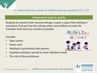 CACHE Level 2 Intro to Early Years Education© Hodder & Stoughton Limited
Independent research activity
Students to research their favored settings, to gain a copy of the settling-in
procedure. Find out how the setting settles new children to make the
transition from home as smooth as possible.
Consider:
• Open events
• Home visits
• Working in partnership with parents
• A gradual settling-in period to meet individual needs
• The role of the practitioner.
3. Understand the needs of children during transition (3.2, 3.3)
 