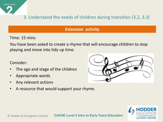 CACHE Level 2 Intro to Early Years Education© Hodder & Stoughton Limited
Extension activity
Time: 15 mins
You have been asked to create a rhyme that will encourage children to stop
playing and move into tidy up time.
Consider:
• The age and stage of the children
• Appropriate words
• Any relevant actions
• A resource that would support your rhyme.
3. Understand the needs of children during transition (3.2, 3.3)
 