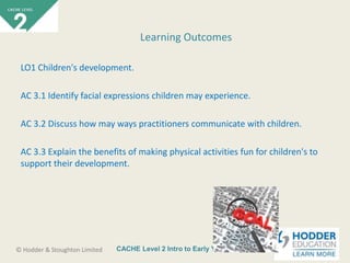 CACHE Level 2 Intro to Early Years Education© Hodder & Stoughton Limited
LO1 Children's development.
AC 3.1 Identify facial expressions children may experience.
AC 3.2 Discuss how may ways practitioners communicate with children.
AC 3.3 Explain the benefits of making physical activities fun for children's to
support their development.
Learning Outcomes
 