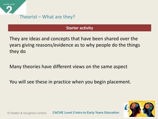 CACHE Level 2 Intro to Early Years Education© Hodder & Stoughton Limited
Starter activity
Theorist – What are they?
They are ideas and concepts that have been shared over the
years giving reasons/evidence as to why people do the things
they do
Many theories have different views on the same aspect
You will see these in practice when you begin placement.
 
