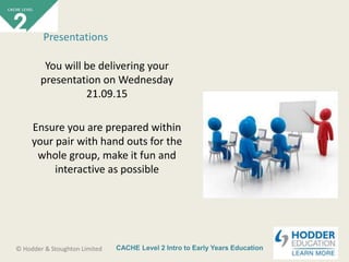 CACHE Level 2 Intro to Early Years Education© Hodder & Stoughton Limited
You will be delivering your
presentation on Wednesday
21.09.15
Ensure you are prepared within
your pair with hand outs for the
whole group, make it fun and
interactive as possible
Presentations
 
