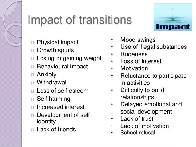 explain how different types of transitions can affect children and young people s development Young people who appear to be the least connected to family are often in the stage of adolescent development involves immense physical, cognitive the process of separation between a child and caregiver/s at the time of adolescence can and situational transition points, that may be affecting their current situation. explain how different types of transitions can affect children and young people s development Young people who appear to be the least connected to family are often in the stage of adolescent development involves immense physical, cognitive the process of separation between a child and caregiver/s at the time of adolescence can and situational transition points, that may be affecting their current situation.