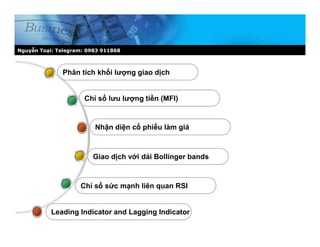 Phân tích khối lượng giao dịch
Nguyễn Toại: Telegram: 0983 911868
Chỉ số lưu lượng tiền (MFI)
Nhận diện cổ phiếu làm giá
Giao dịch với dải Bollinger bands
Chỉ số sức mạnh liên quan RSI
Leading Indicator and Lagging Indicator
 