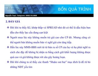 Nguyễn Toại: Telegram: 0983 911868
BỐN QUÁ TRÌNH
 Đôi khi ta thấy KL khớp thấp và SPREAD nhỏ đó có thể là dấu hiệu ban
đầu cho thấy lực cầu đang cạn kiệt
 Người mua lúc này không muốn trả giá cao cho CP đó. Nhưng cũng có
thể người bán không muốn bán vì nghĩ giá còn tăng tiếp.
 Đến lúc này MMS-BBS mới từ từ bán ra số CP của họ và họ phải nghĩ ra
cách che đậy để không bị nhận ra bằng cách giữ khối lượng không được
quá cao và giá không được rớt sâu gây hoảng loạn.
 Đôi khi chúng ta sẽ thấy các thanh “Shake out bar” mục đích là để rũ bỏ
những NĐT yếu tim
2. ĐẨY GIÁ
 