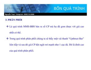 Nguyễn Toại: Telegram: 0983 911868
BỐN QUÁ TRÌNH
 Là quá trình MMS-BBS bán ra số CP mà họ đã gom được với giá cao
nhất có thể.
 Trong quá trình phân phối chúng ta sẽ thấy một vài thanh “Upthrust Bar”
liên tiếp và sau đó giá CP đột ngột rơi mạnh như 1 cục đá. Đó là đỉnh cao
của quá trình phân phối.
3. PHÂN PHỐI
 
