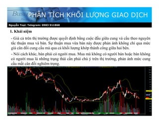 1. Khái niệm
PHÂN TÍCH KHỐI LƯỢNG GIAO DỊCH
- Giá cả trên thị trường được quyết định bằng cuộc đấu giữa cung và cầu theo nguyên
tắc thuận mua và bán. Sự thuận mua vừa bán này được phản ánh không chỉ qua mức
giá cân đối cung cầu mà qua cả khối lượng khớp thành công giữa hai bên.
- Nói cách khác, bán phải có người mua. Mua mà không có người bán hoặc bán không
có người mua là những trạng thái cần phải chú ý trên thị trường, phản ánh mức cung
cầu mất cân đối nghiêm trọng.
Nguyễn Toại: Telegram: 0983 911868
 