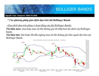 Nguyễn Toại: Telegram: 0983 911868
* Các phương pháp giao dịch dựa trên dải Bollinger Bands
BOLLIGER BANDS
- Giao dịch dựa trên phạm vi hoạt động của dải Bollinger Bands:
Tín hiệu mua: mua hoặc mua rải khi đường giá rớt thấp hơn dải dưới của Bollinger
bands.
Tín hiệu bán: bán hoặc bắt đầu ngừng mua rải khi đường giá nằm ngoài dải trên của
Bollinger Bands.
 